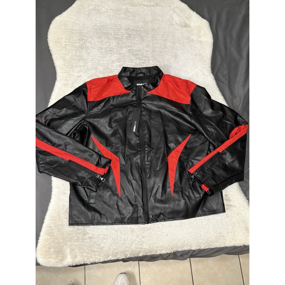 New Fashion Nova Mens‎ Black Red Faux Leather Zip Moto Jacket Size XXL